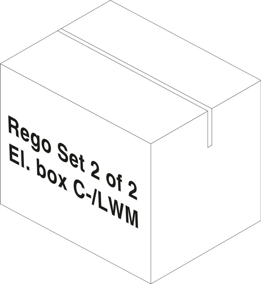 Weißer Karton mit schwarzer Schrift, beschriftet mit "Rego Set 2 of 2 El. box C-/LWM". Produkt von Bosch.